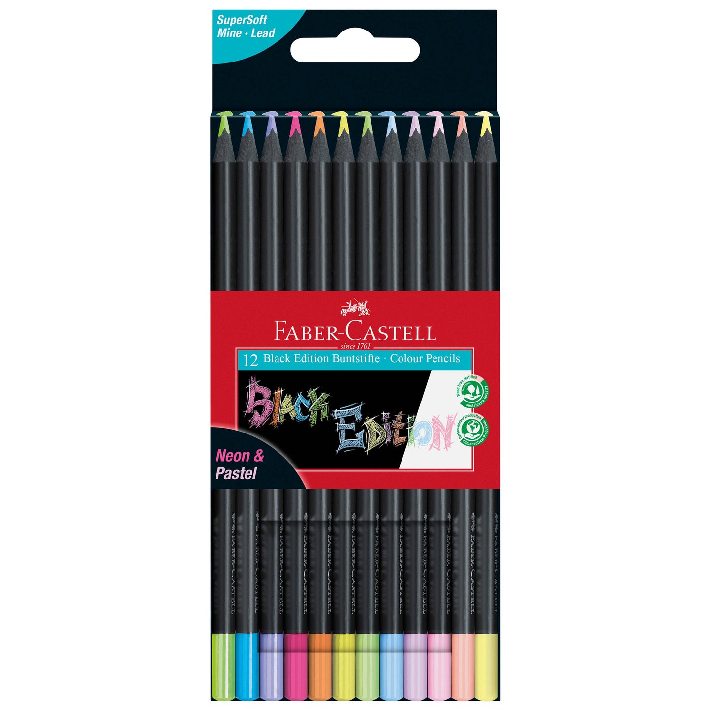Faber-Castell / Creativity for Kids - Super Soft Black Edition Colored Pencils, Neon & Pastel 12Ct