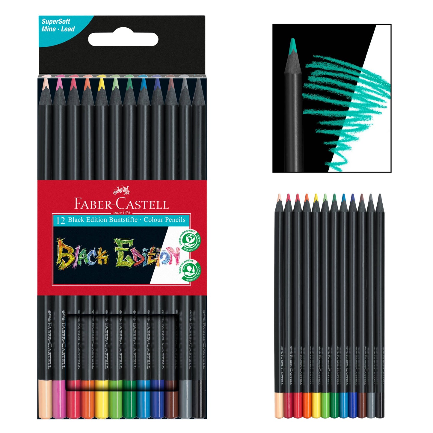 Faber-Castell - Super Soft Black Edition Colored Pencils, Box of 12