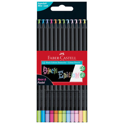 Faber-Castell / Creativity for Kids - Super Soft Black Edition Colored Pencils, Neon & Pastel 12Ct