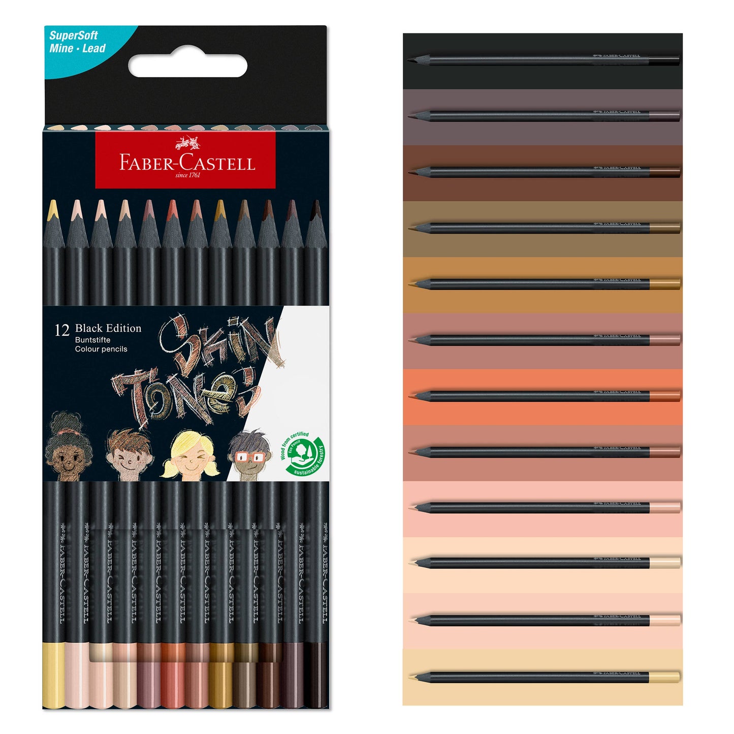 Faber-Castell / Creativity for Kids - Super Soft Black Edition Color Pencils: 12 Ct Skin Tones