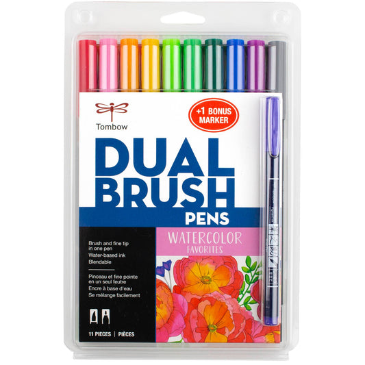 Tombow - Dual Brush Pen,Watercolor Favorites,10-Pack +Free Fudenosuke