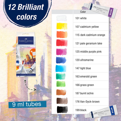 Faber-Castell Watercolor Paint, Set of 12 Paint Tubes for Artists