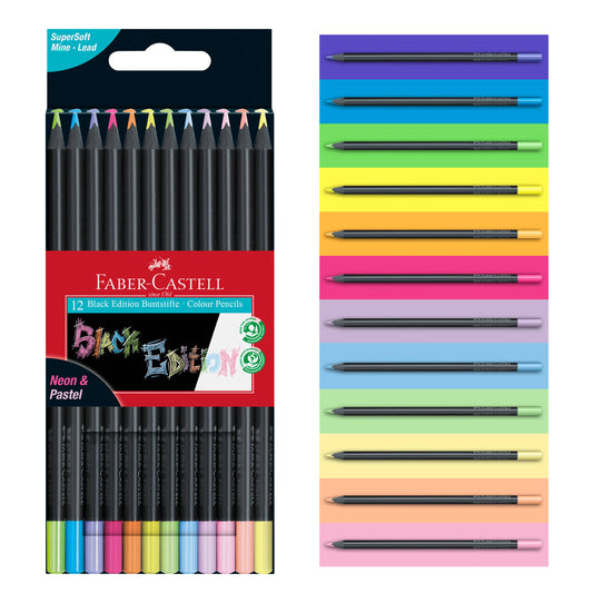Faber-Castell / Creativity for Kids - Super Soft Black Edition Colored Pencils, Neon & Pastel 12Ct